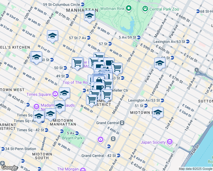 map of restaurants, bars, coffee shops, grocery stores, and more near 45 Rockefeller Plaza in New York