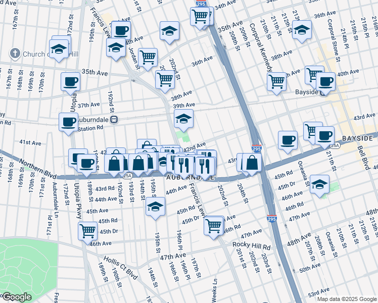 map of restaurants, bars, coffee shops, grocery stores, and more near 200-16 42nd Avenue in Queens