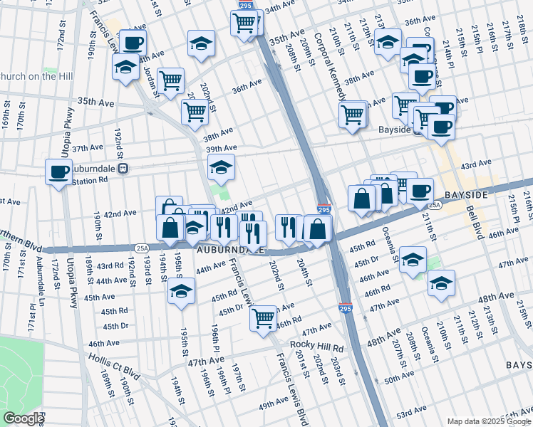 map of restaurants, bars, coffee shops, grocery stores, and more near 42-29 203rd Street in Queens