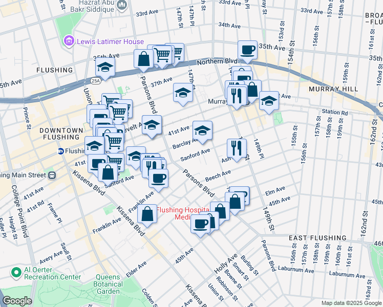 map of restaurants, bars, coffee shops, grocery stores, and more near 144-45 Sanford Avenue in Queens