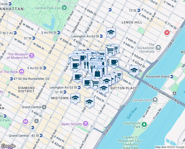map of restaurants, bars, coffee shops, grocery stores, and more near 1065 2nd Avenue in New York