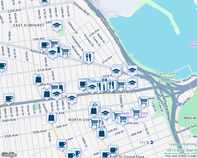 map of restaurants, bars, coffee shops, grocery stores, and more near 104-06 32nd Avenue in Queens