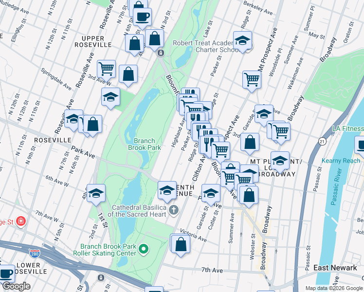 map of restaurants, bars, coffee shops, grocery stores, and more near 79 Highland Avenue in Newark