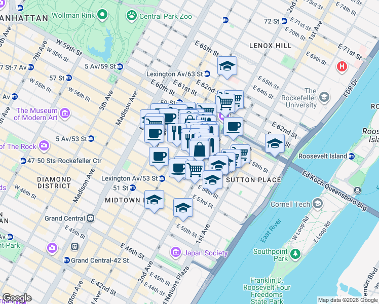 map of restaurants, bars, coffee shops, grocery stores, and more near 220 East 56th Street in New York