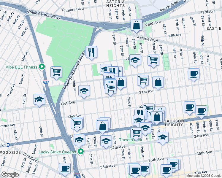 map of restaurants, bars, coffee shops, grocery stores, and more near 75-15 31st Avenue in Queens