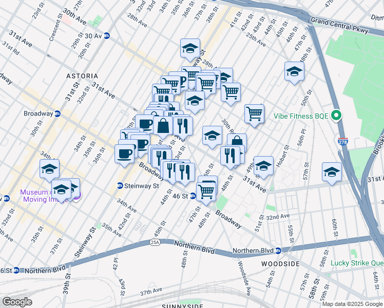 map of restaurants, bars, coffee shops, grocery stores, and more near 44th Street in Queens
