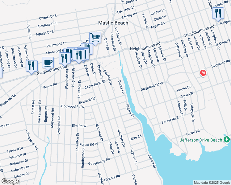 map of restaurants, bars, coffee shops, grocery stores, and more near 215 Bayview Drive in Mastic Beach