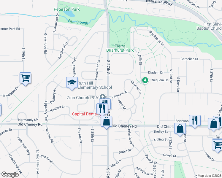 map of restaurants, bars, coffee shops, grocery stores, and more near 2816 Jameson North in Lincoln