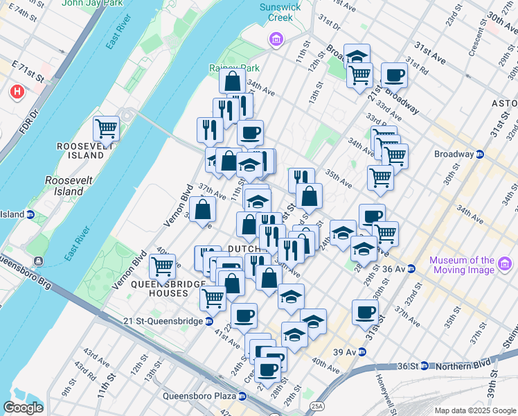 map of restaurants, bars, coffee shops, grocery stores, and more near 12-09 37th Avenue in Queens
