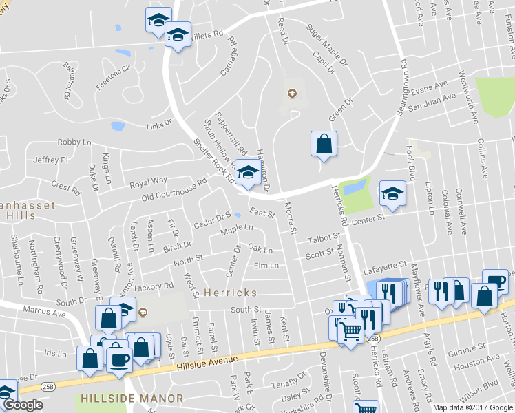 map of restaurants, bars, coffee shops, grocery stores, and more near 15 East Street in New Hyde Park