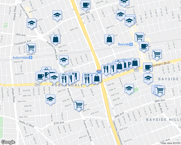 map of restaurants, bars, coffee shops, grocery stores, and more near 42-42 205th Street in Queens