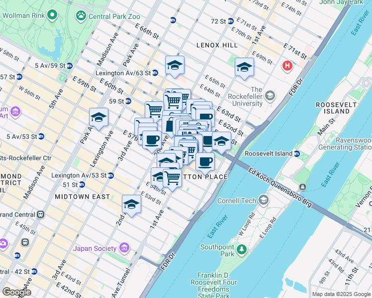 map of restaurants, bars, coffee shops, grocery stores, and more near 347 East 58th Street in New York