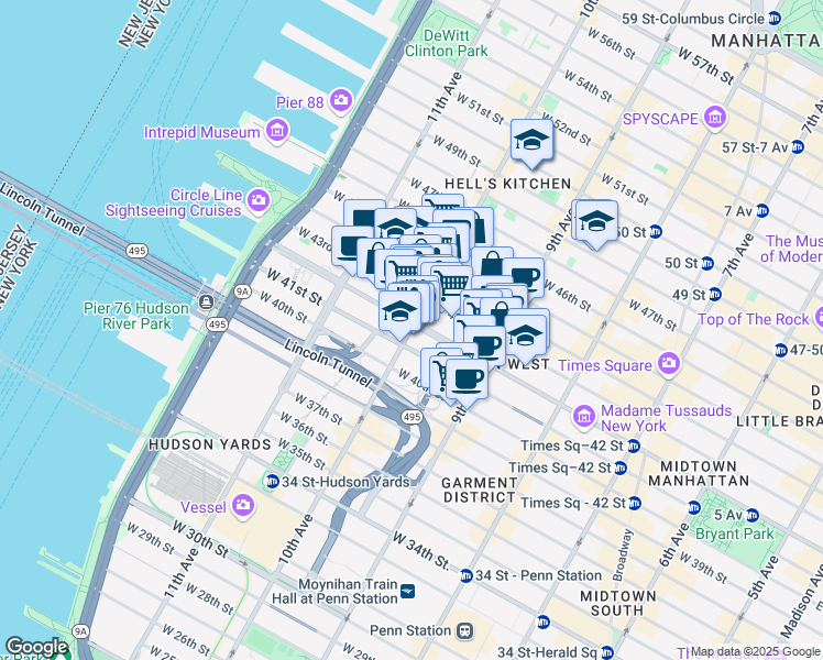map of restaurants, bars, coffee shops, grocery stores, and more near 570 10th Avenue in New York