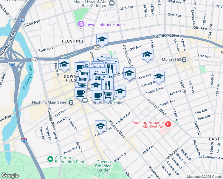 map of restaurants, bars, coffee shops, grocery stores, and more near 142-1 41st Avenue in Queens