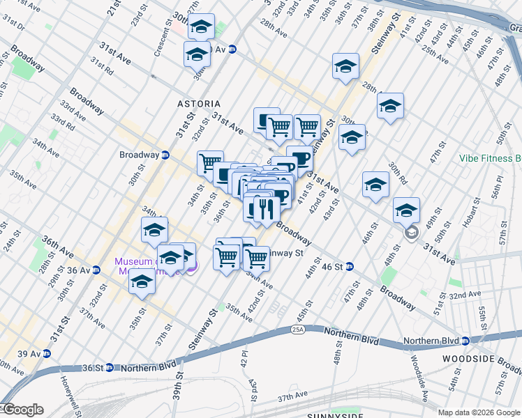 map of restaurants, bars, coffee shops, grocery stores, and more near 37-15 Broadway in Queens