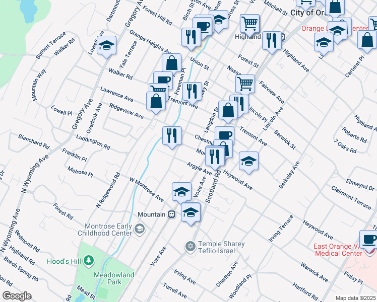 map of restaurants, bars, coffee shops, grocery stores, and more near 576 Morris Street in City of Orange