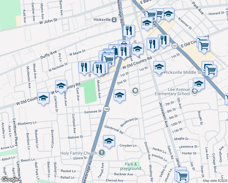 map of restaurants, bars, coffee shops, grocery stores, and more near 231 Newbridge Road in Hicksville