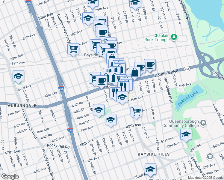 map of restaurants, bars, coffee shops, grocery stores, and more near 213-02 Northern Boulevard in Queens