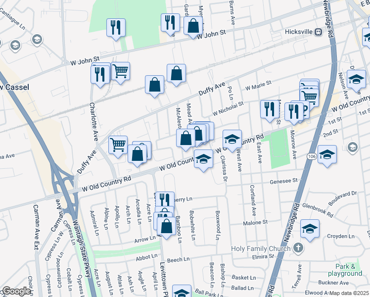 map of restaurants, bars, coffee shops, grocery stores, and more near 67 McAlester Avenue in Hicksville
