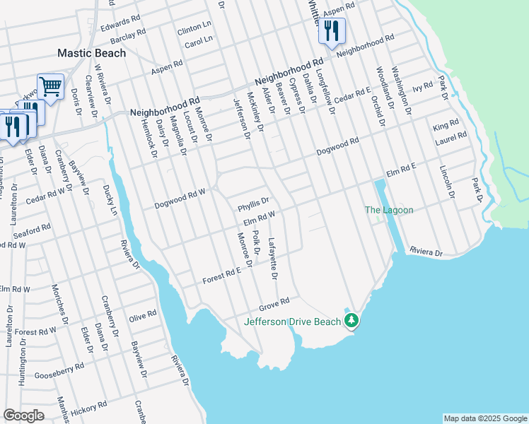 map of restaurants, bars, coffee shops, grocery stores, and more near 139 Elm Road East in Mastic Beach