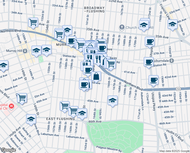 map of restaurants, bars, coffee shops, grocery stores, and more near 42-17 163rd Street in Queens