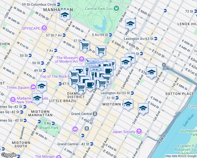 map of restaurants, bars, coffee shops, grocery stores, and more near 7 East 52nd Street in New York