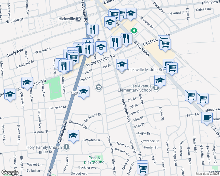 map of restaurants, bars, coffee shops, grocery stores, and more near 157 4th Street in Hicksville
