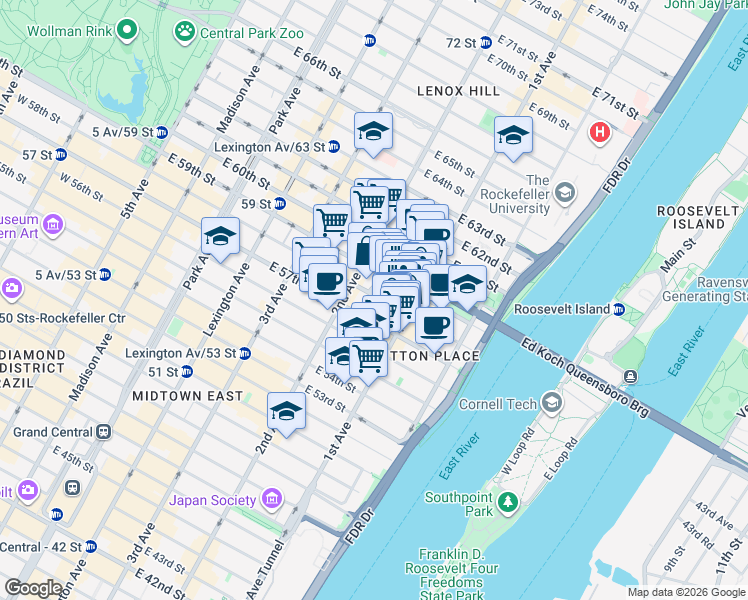 map of restaurants, bars, coffee shops, grocery stores, and more near 331 East 58th Street in New York