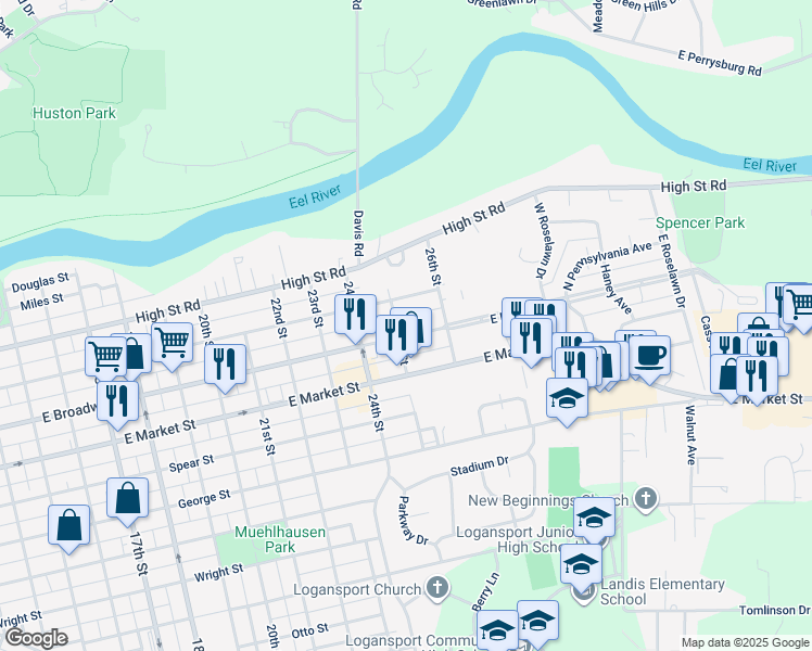 map of restaurants, bars, coffee shops, grocery stores, and more near 2500 East Broadway Street in Logansport