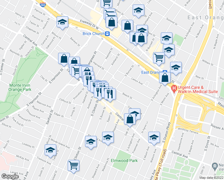 map of restaurants, bars, coffee shops, grocery stores, and more near 127 Beech Street in East Orange