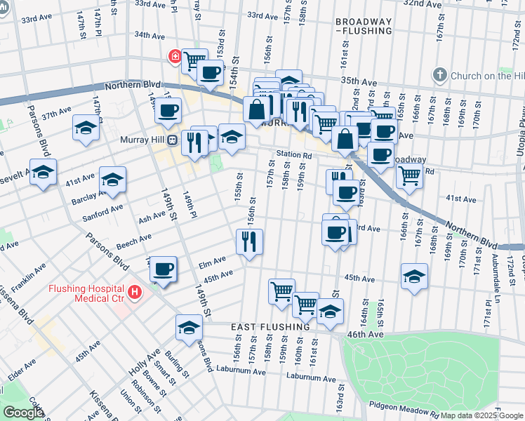 map of restaurants, bars, coffee shops, grocery stores, and more near 42-60 157th Street in Queens
