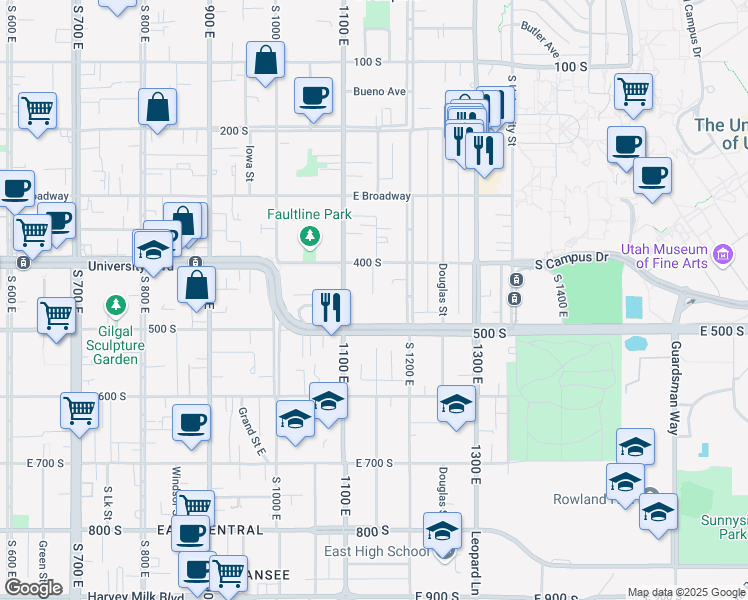map of restaurants, bars, coffee shops, grocery stores, and more near 453 South 1100 East in Salt Lake City