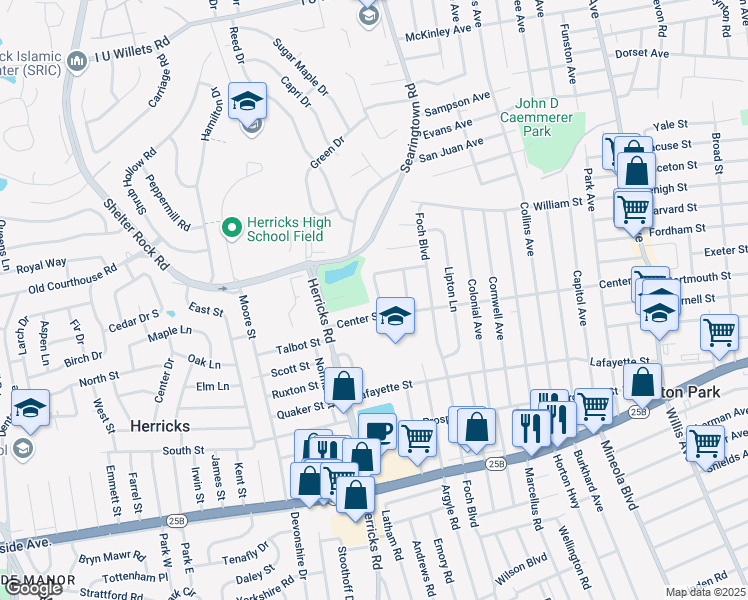 map of restaurants, bars, coffee shops, grocery stores, and more near 62 Tulip Ln in Williston Park
