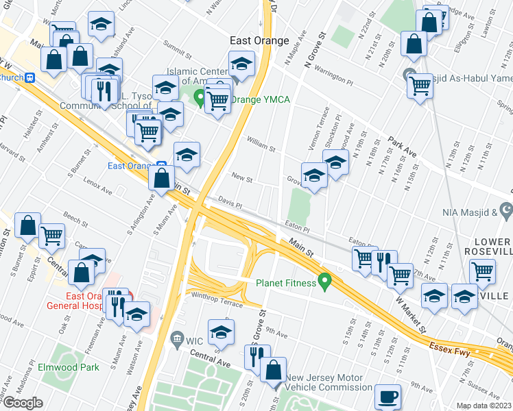 map of restaurants, bars, coffee shops, grocery stores, and more near 51 North Maple Avenue in East Orange