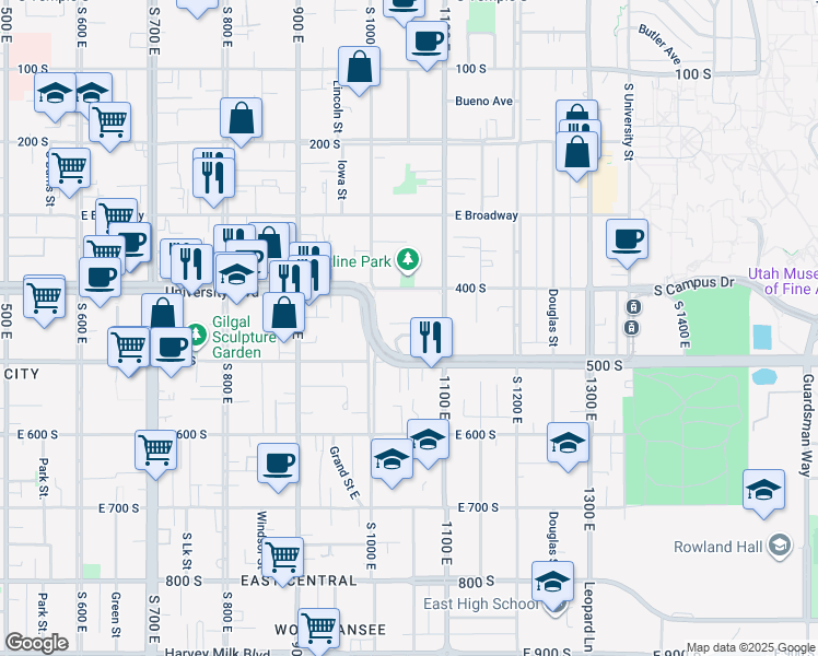 map of restaurants, bars, coffee shops, grocery stores, and more near 1043 Barbara Place East in Salt Lake City