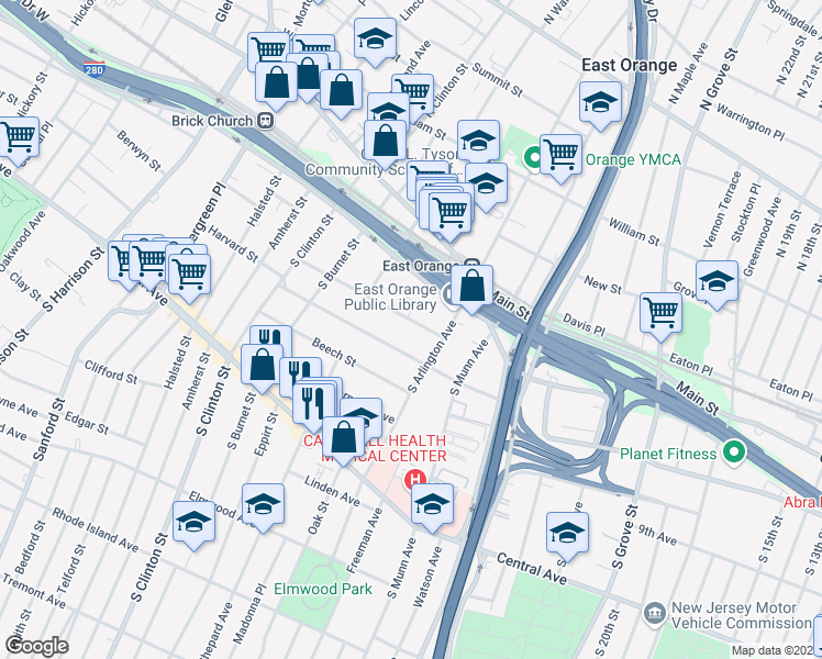map of restaurants, bars, coffee shops, grocery stores, and more near 27 Lenox Avenue in East Orange
