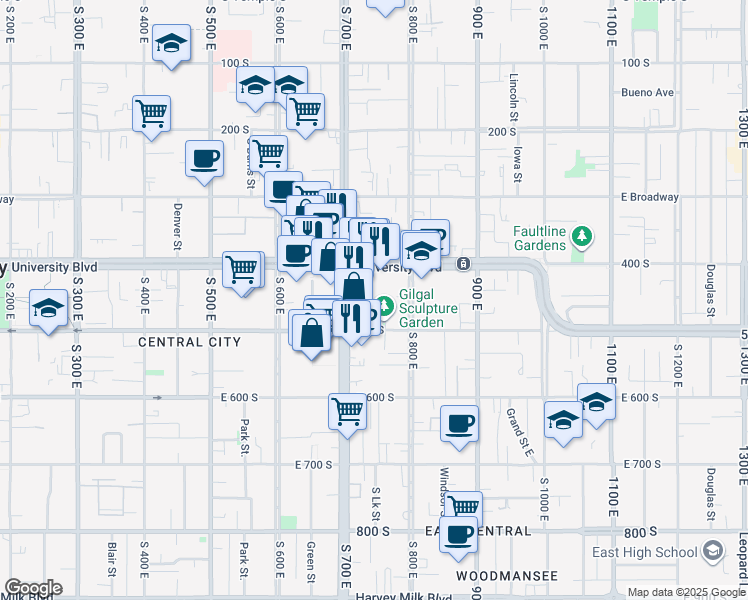 map of restaurants, bars, coffee shops, grocery stores, and more near 455 South 700 East in Salt Lake City
