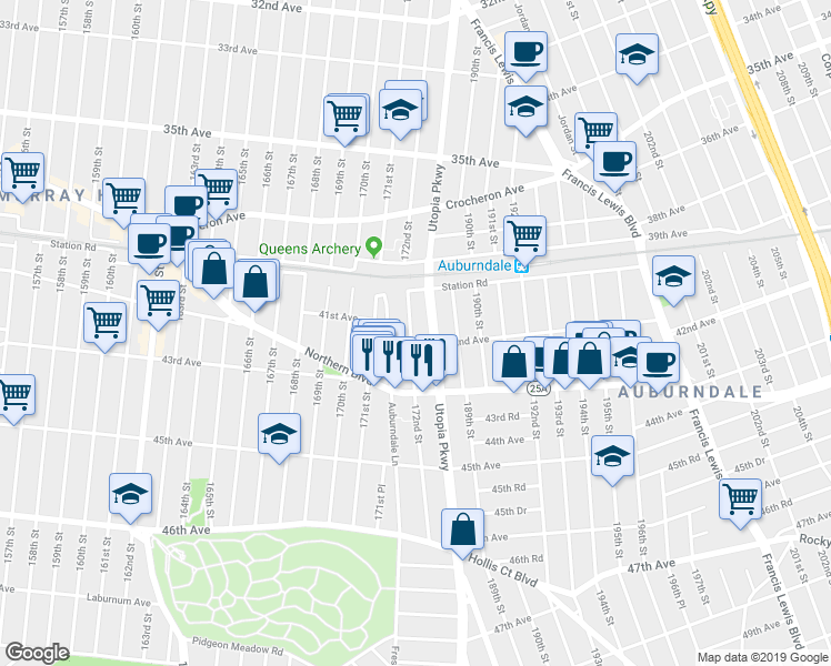 map of restaurants, bars, coffee shops, grocery stores, and more near 40-43 172nd Street in Queens