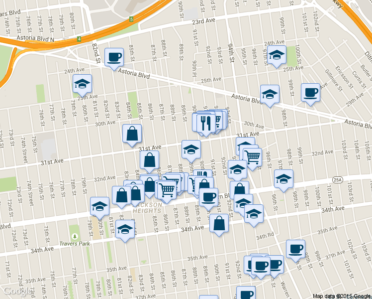 map of restaurants, bars, coffee shops, grocery stores, and more near 31-12 89th Street in Queens