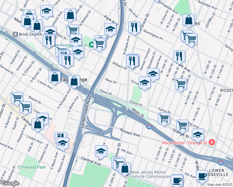 map of restaurants, bars, coffee shops, grocery stores, and more near 51 North Maple Avenue in East Orange