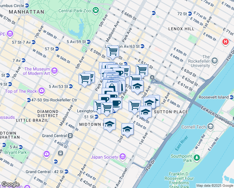 map of restaurants, bars, coffee shops, grocery stores, and more near 676 Lexington Avenue in New York