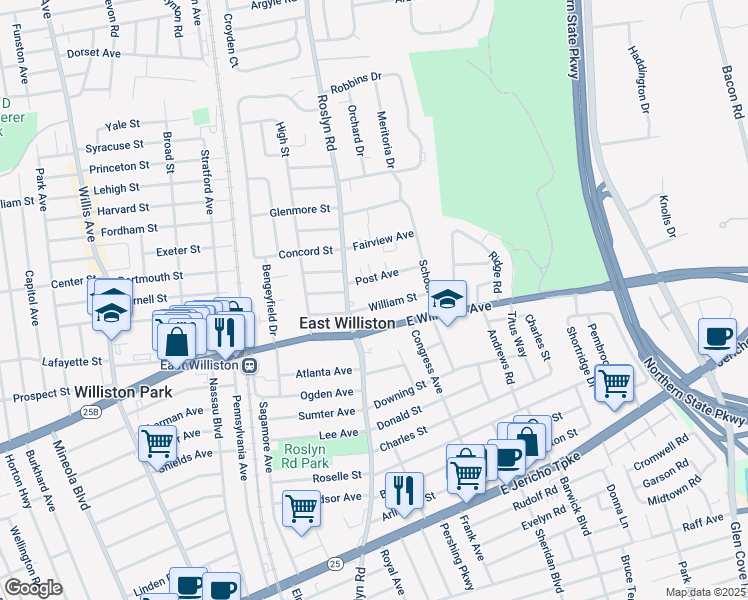 map of restaurants, bars, coffee shops, grocery stores, and more near 125 William Street in East Williston