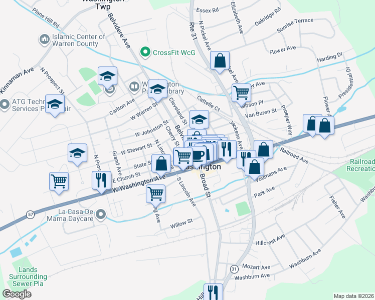 map of restaurants, bars, coffee shops, grocery stores, and more near 101 Belvidere Avenue in Washington