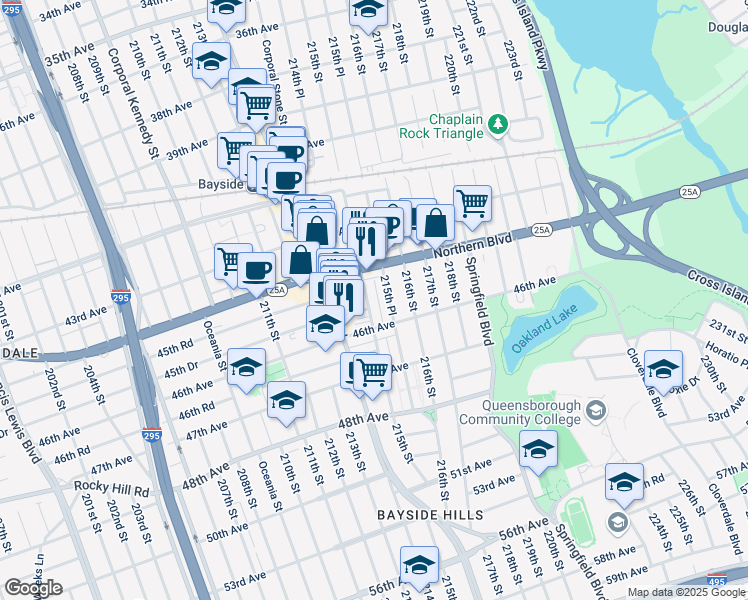 map of restaurants, bars, coffee shops, grocery stores, and more near 45-33 215th Street in Queens
