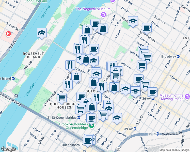 map of restaurants, bars, coffee shops, grocery stores, and more near 12-09 37th Avenue in Queens