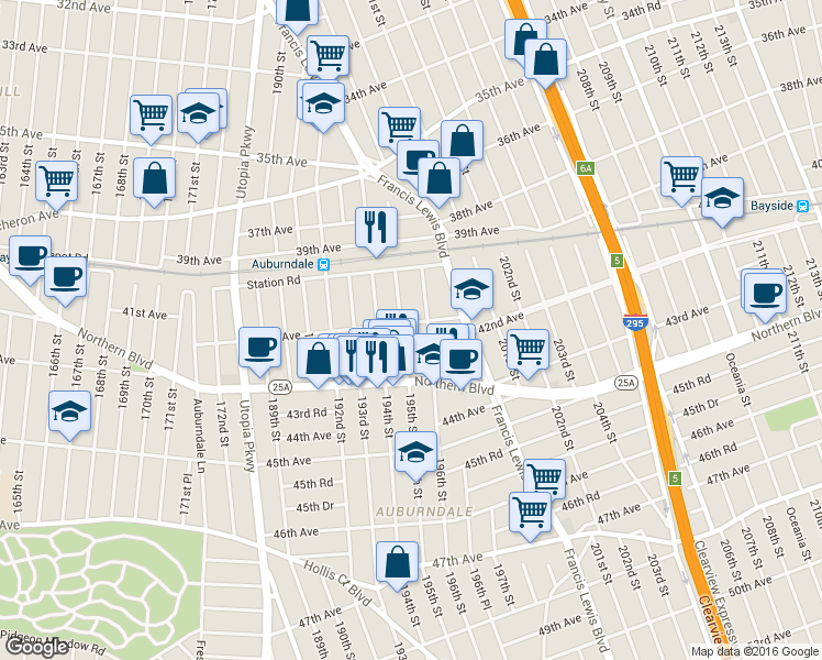 map of restaurants, bars, coffee shops, grocery stores, and more near 195-08 42nd Avenue in Queens