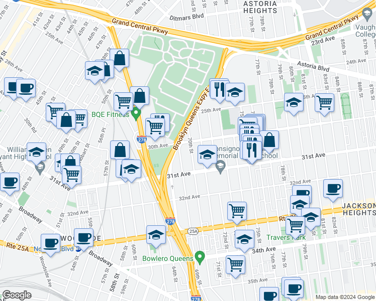 map of restaurants, bars, coffee shops, grocery stores, and more near 30-14 70th Street in Queens