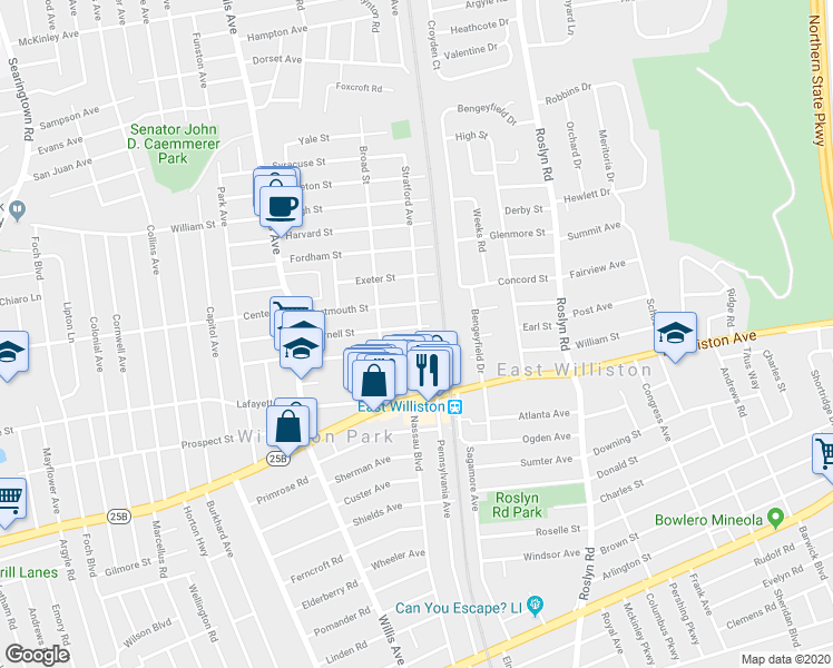 map of restaurants, bars, coffee shops, grocery stores, and more near 92 Cornell Street in Williston Park