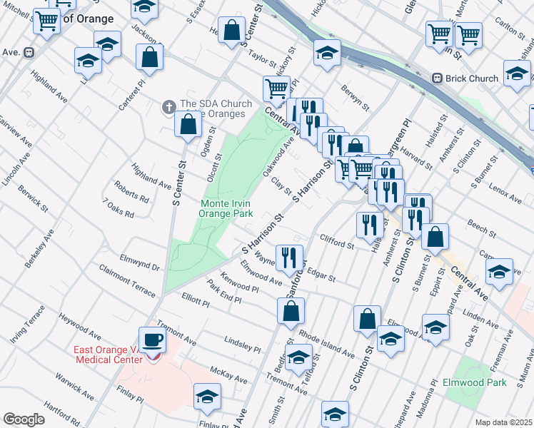 map of restaurants, bars, coffee shops, grocery stores, and more near 313 South Harrison Street in East Orange