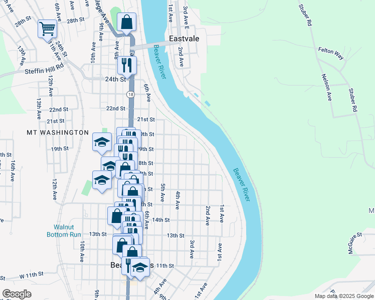 map of restaurants, bars, coffee shops, grocery stores, and more near 311 19th Street in Beaver Falls